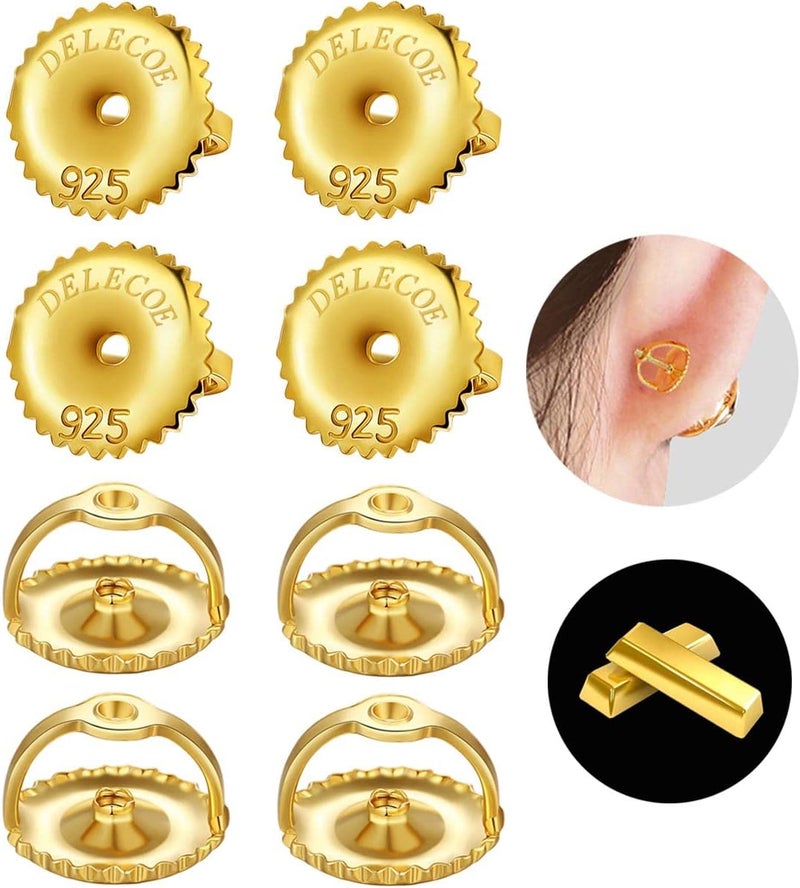 DELECOE 14K Gold Screw On Earring Backs for Diamond Studs - 925 Sterling Silver Hypoallergenic Screw Backs Replacement - Fit Post Sizes .032'/0.8mm - 4-Pairs - Image 1